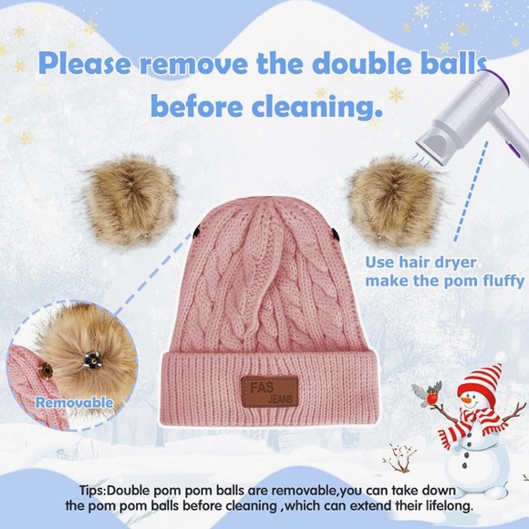 Infant Toddler Woolen Hat Cream Color Winter Twist Double Pom Pom Knitted Beanie - Picture 4 of 6